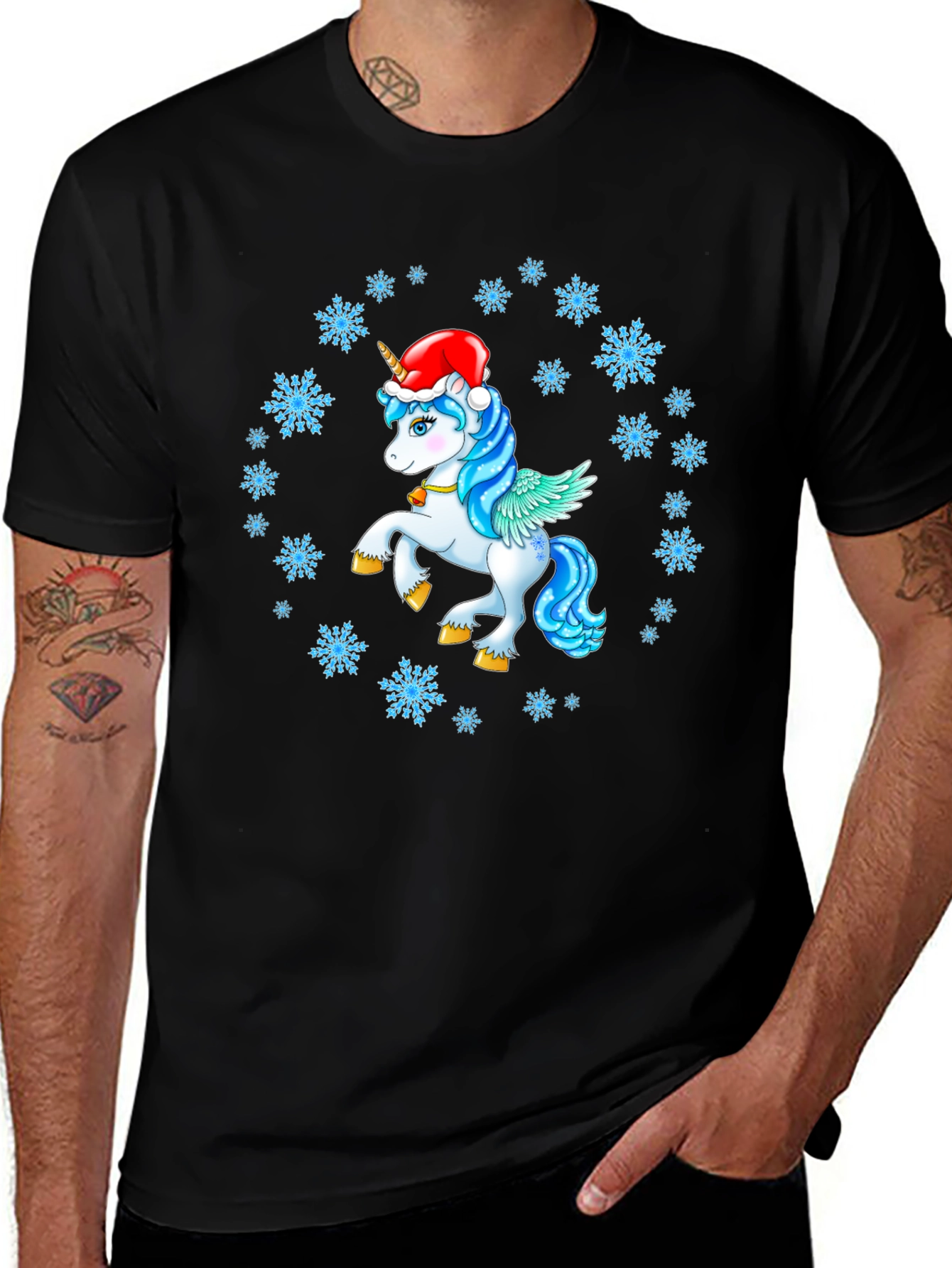 Festive Unicorn Snowflake Black T-Shirt