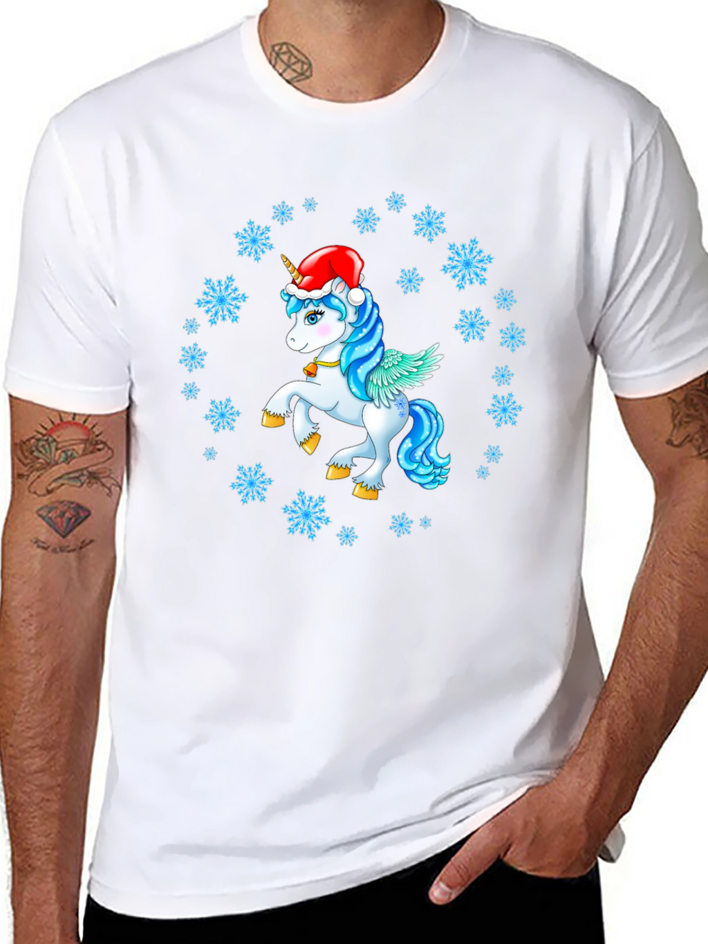 Festive Unicorn Snowflake Black T-Shirt
