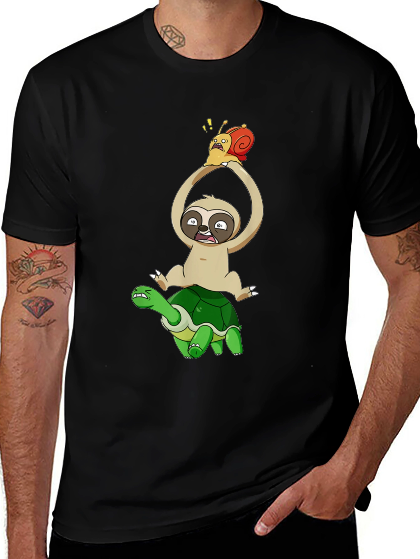 Sloth Snail & Turtle Graphic T-Shirt - Black
