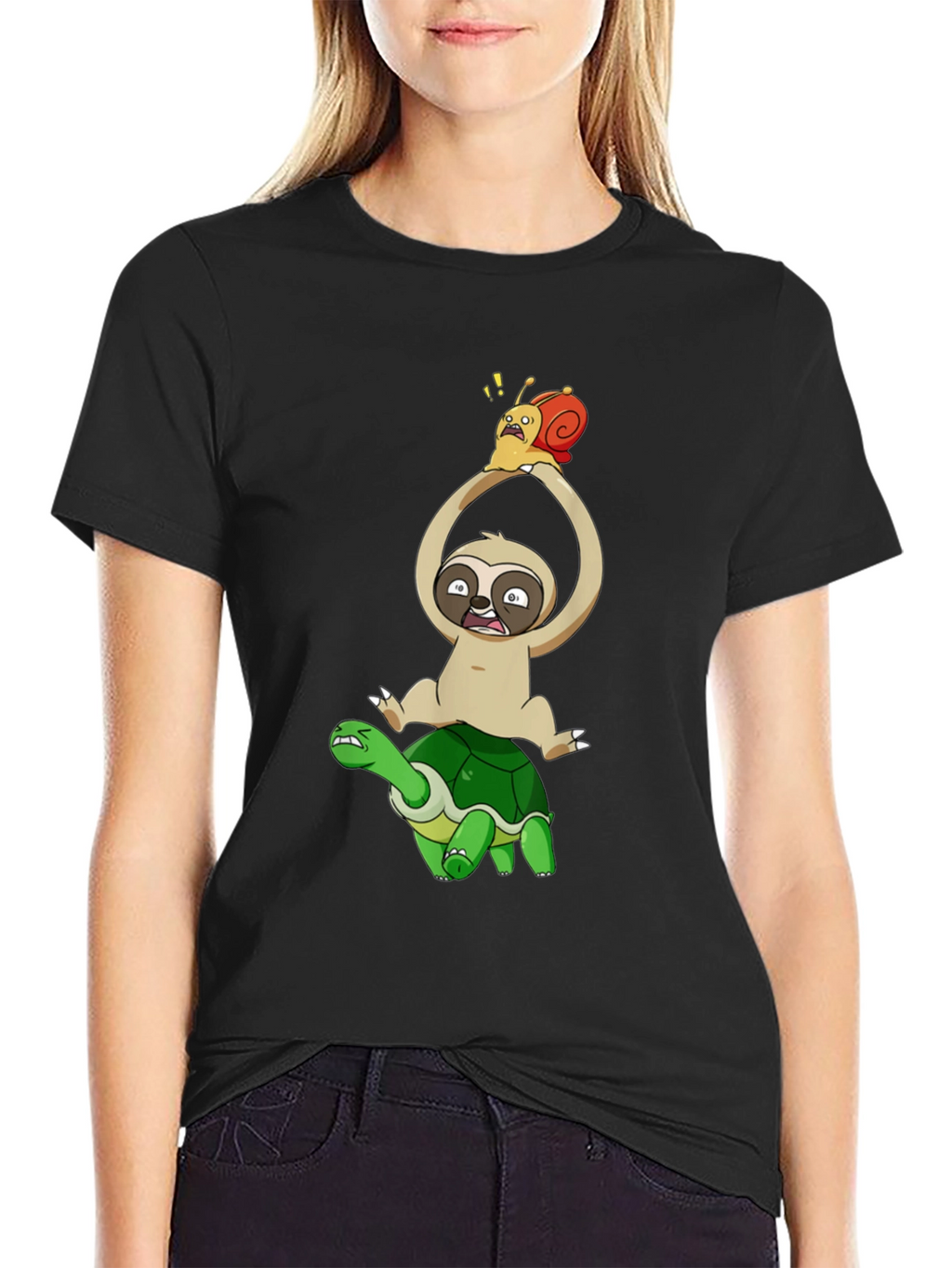 Sloth Snail & Turtle Graphic T-Shirt - Black