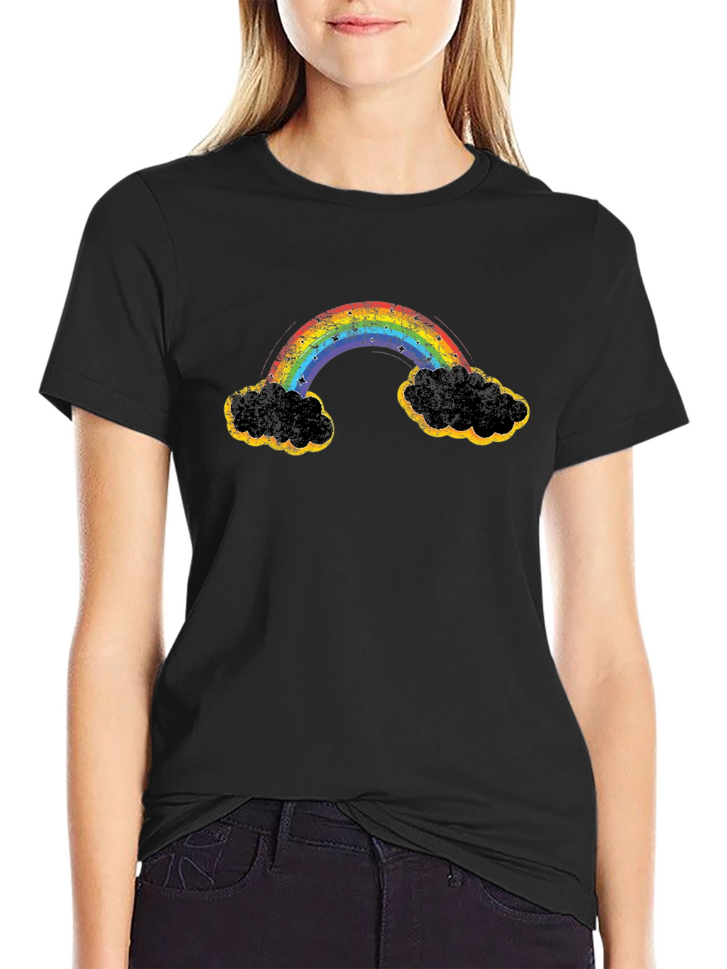 Rainbow Clouds Graphic T-Shirt - Black Cotton Blend