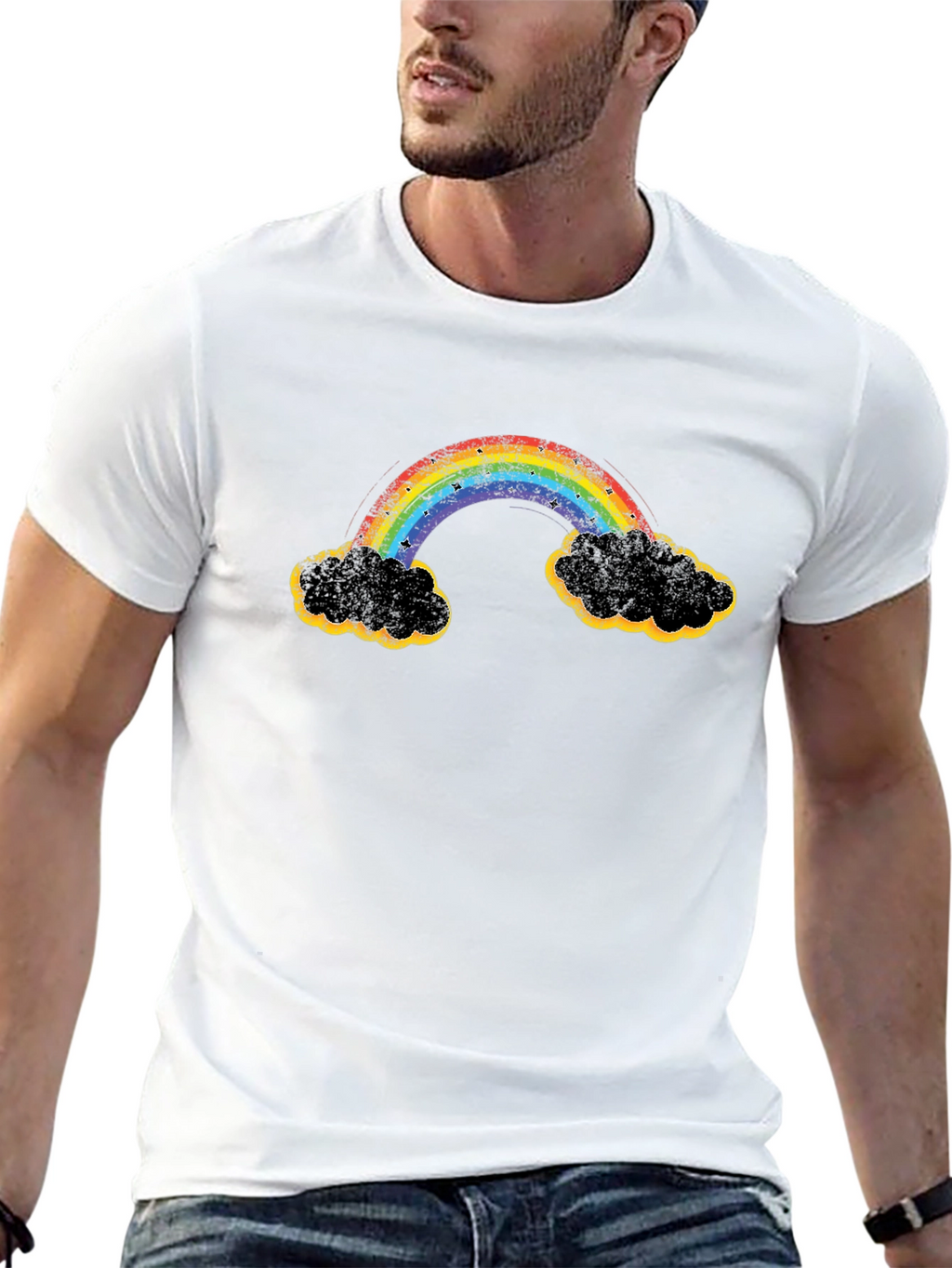 Rainbow Clouds Graphic T-Shirt - Black Cotton Blend