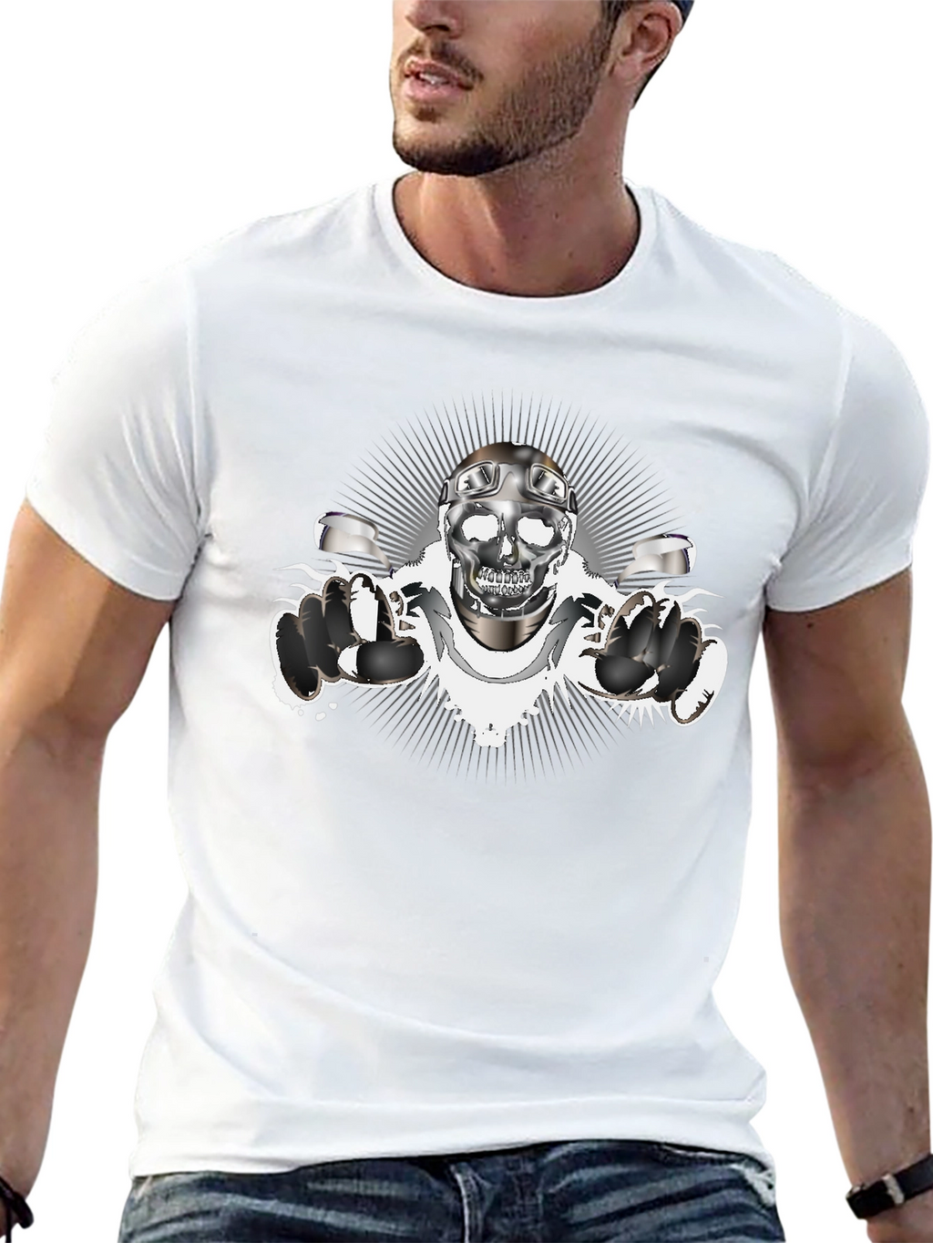 Skull Biker T-Shirt - Chrome Design