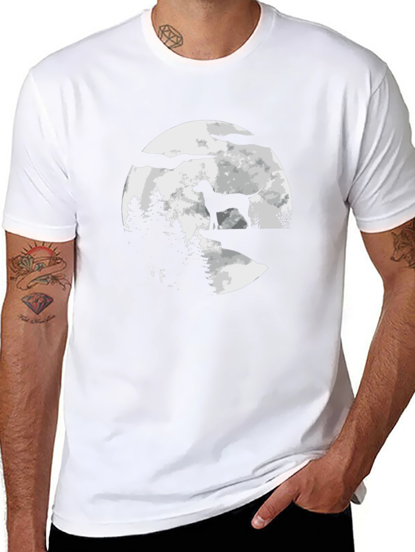 Dog Silhouette Moon Graphic Tee - Black Cotton Blend
