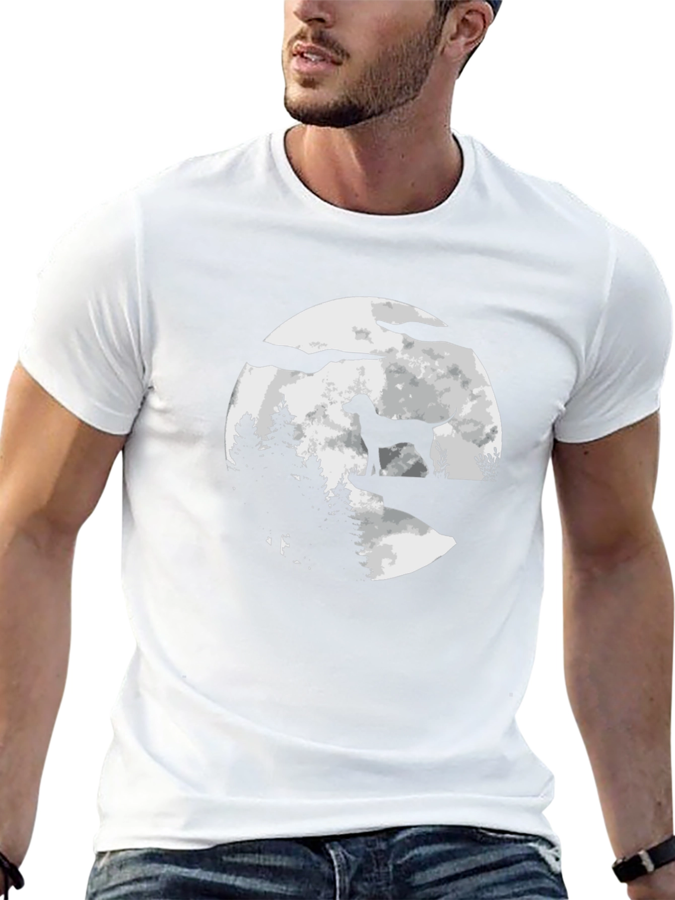 Dog Silhouette Moon Graphic Tee - Black Cotton Blend