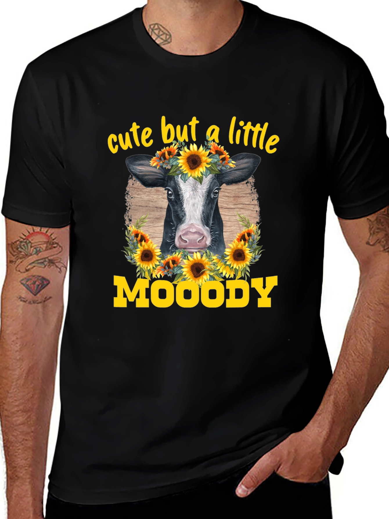 Cute But A Little Moody Cow Sunflower Graphic T-Shirt