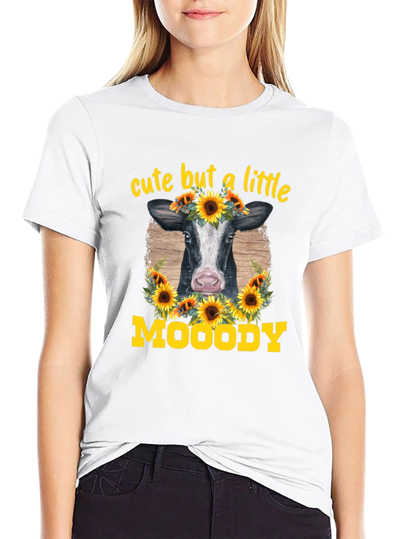 Cute But A Little Moody Cow Sunflower Graphic T-Shirt
