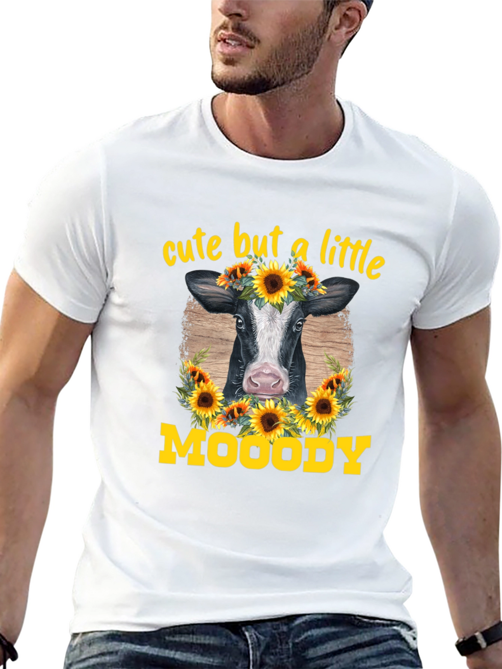 Cute But A Little Moody Cow Sunflower Graphic T-Shirt