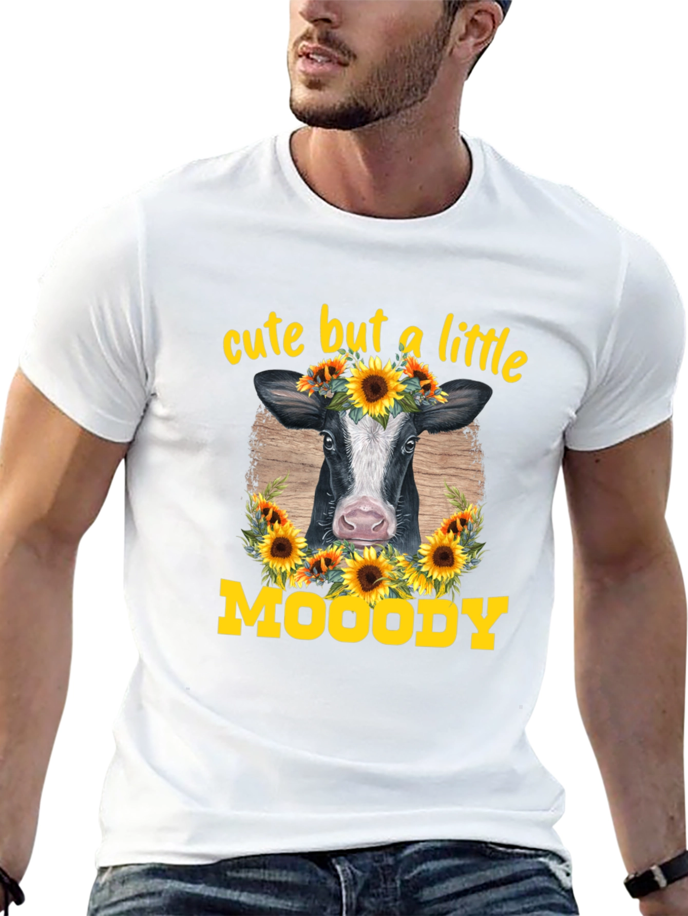 Cute But A Little Moody Cow Sunflower Graphic T-Shirt