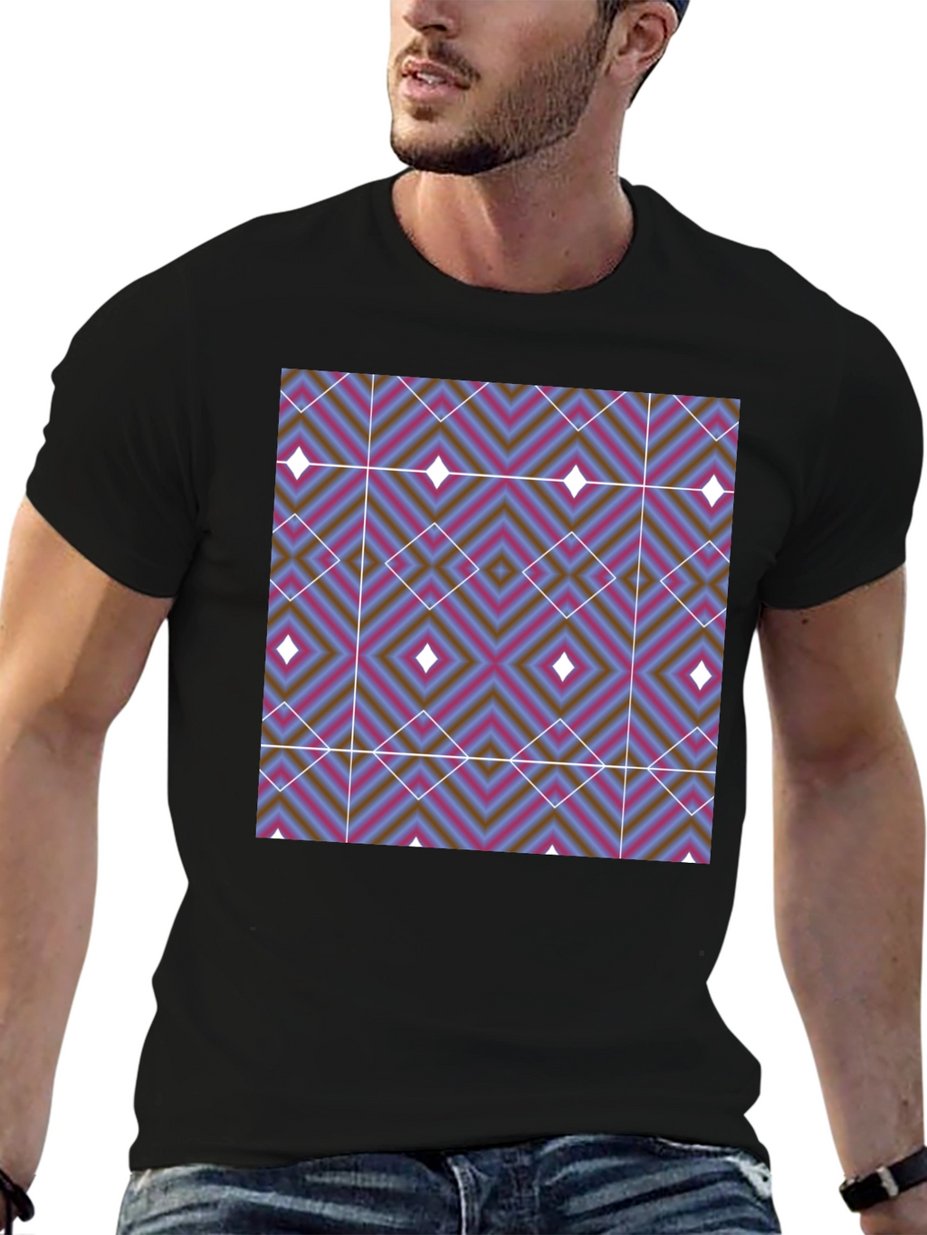 Geometric Diamond Print T-Shirt - Black