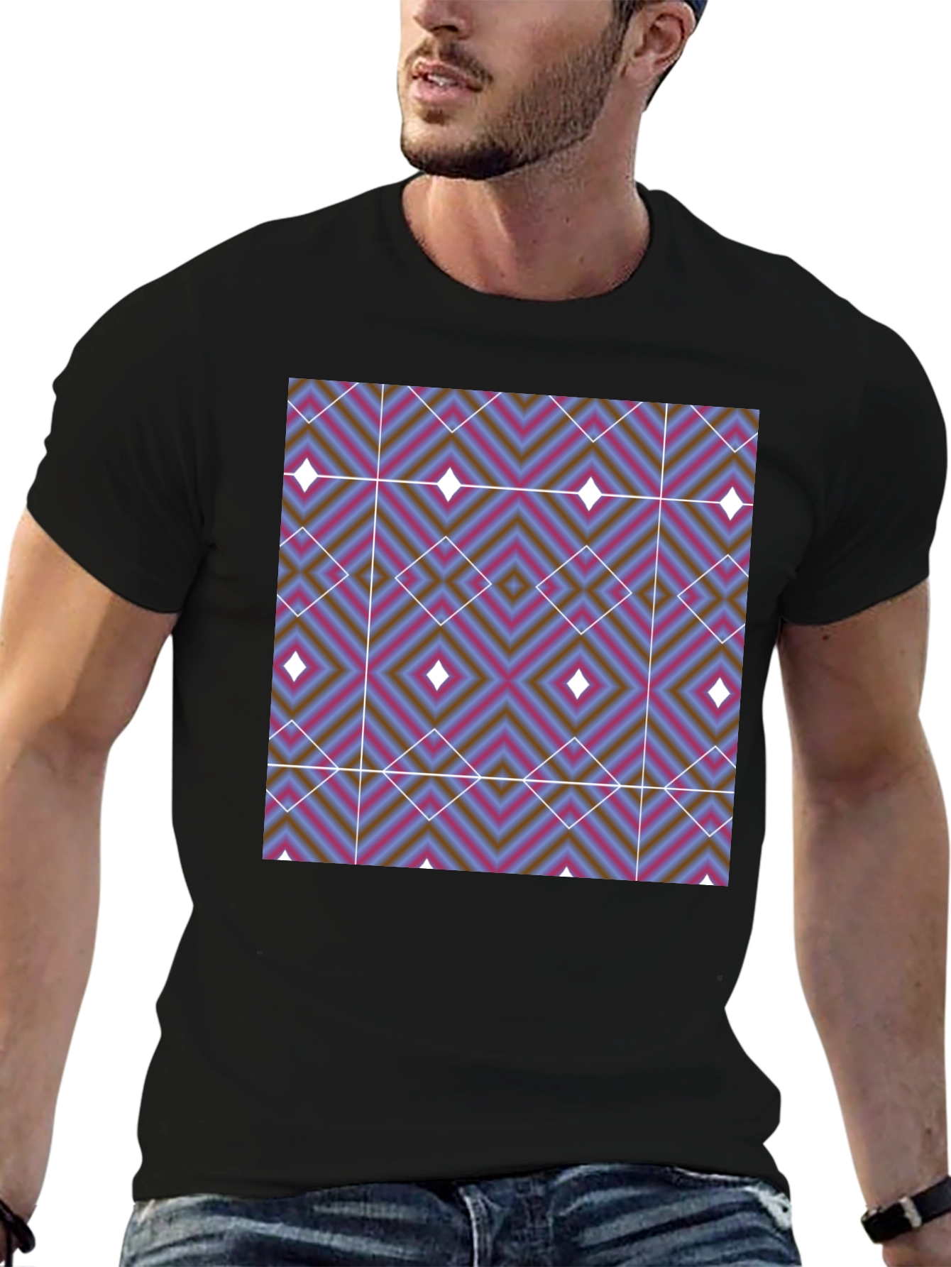 Geometric Diamond Print T-Shirt - Black