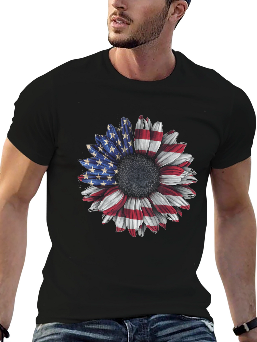 American Flag Sunflower Graphic Tee - Patriotic Style