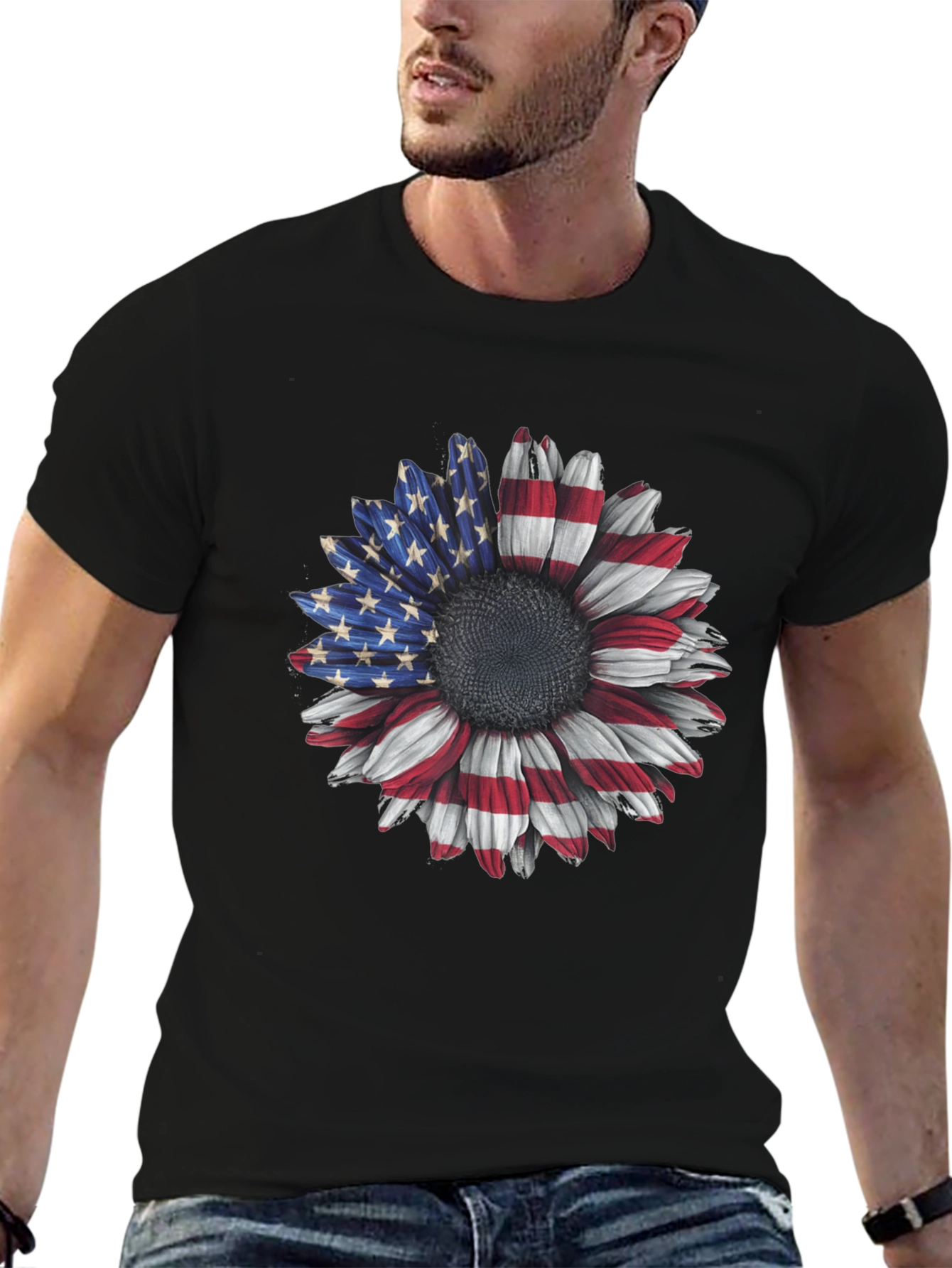 American Flag Sunflower Graphic Tee - Patriotic Style