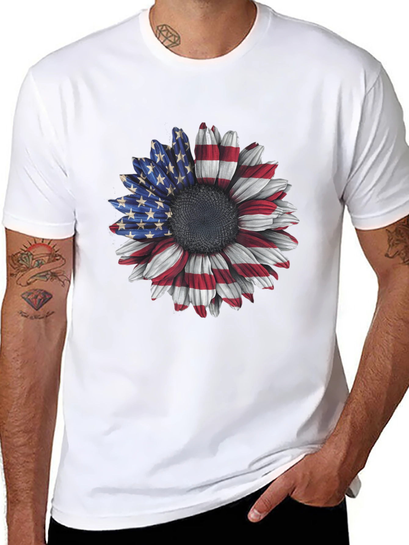 American Flag Sunflower Graphic Tee - Patriotic Style