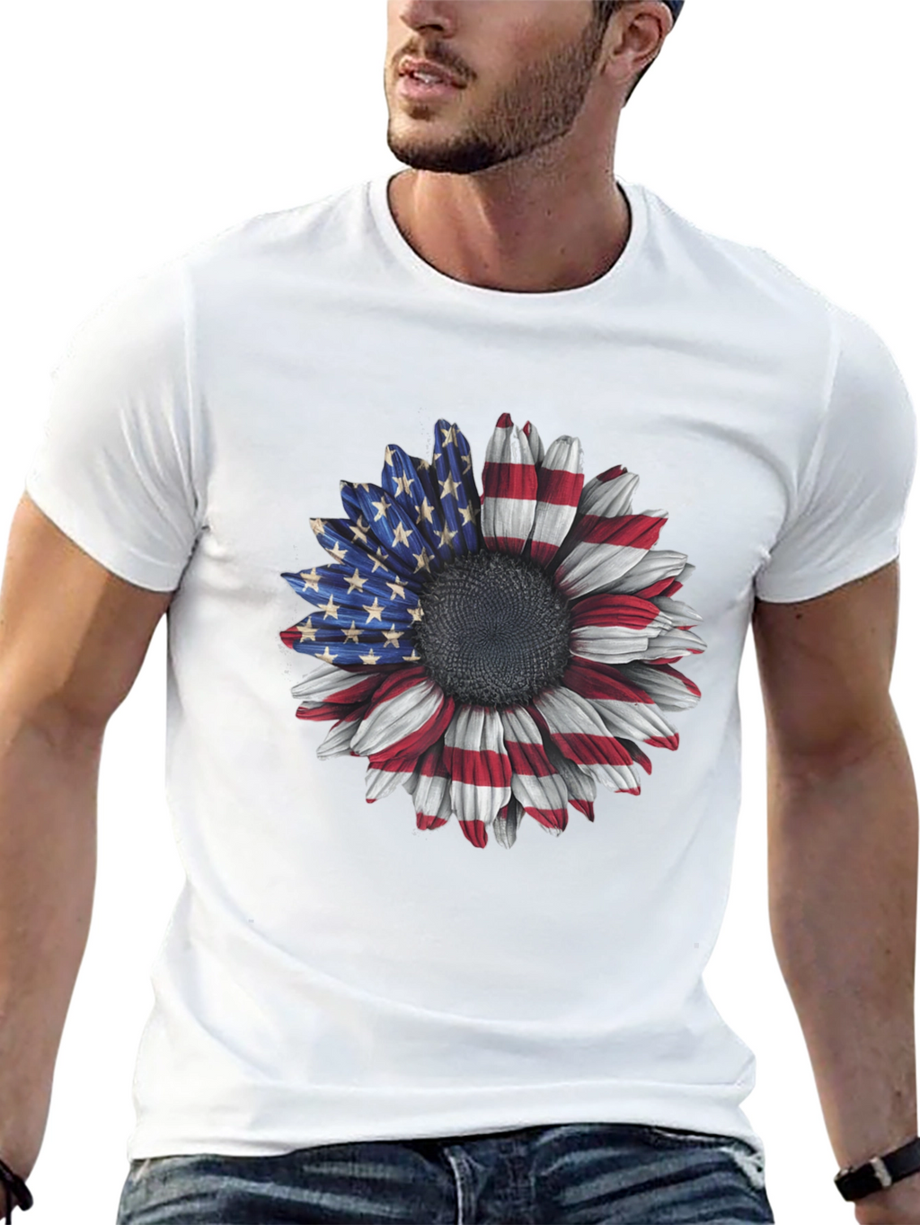 American Flag Sunflower Graphic Tee - Patriotic Style