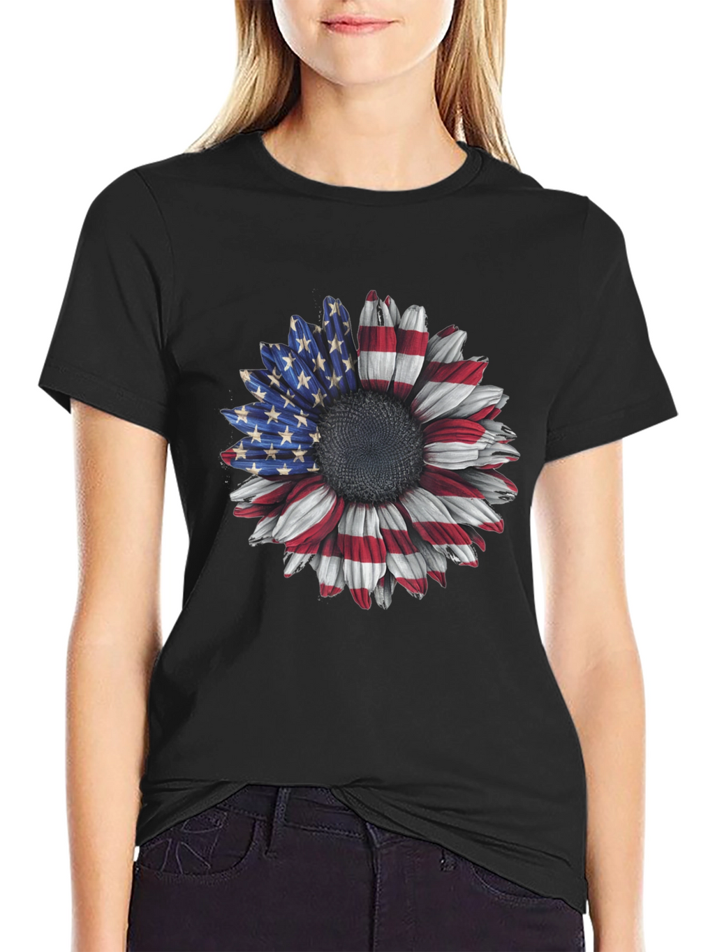 American Flag Sunflower Graphic Tee - Patriotic Style