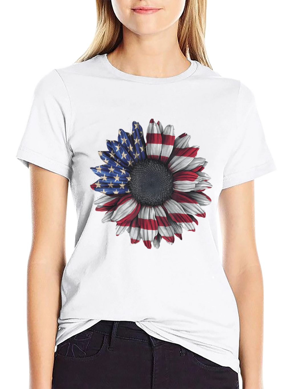 American Flag Sunflower Graphic Tee - Patriotic Style