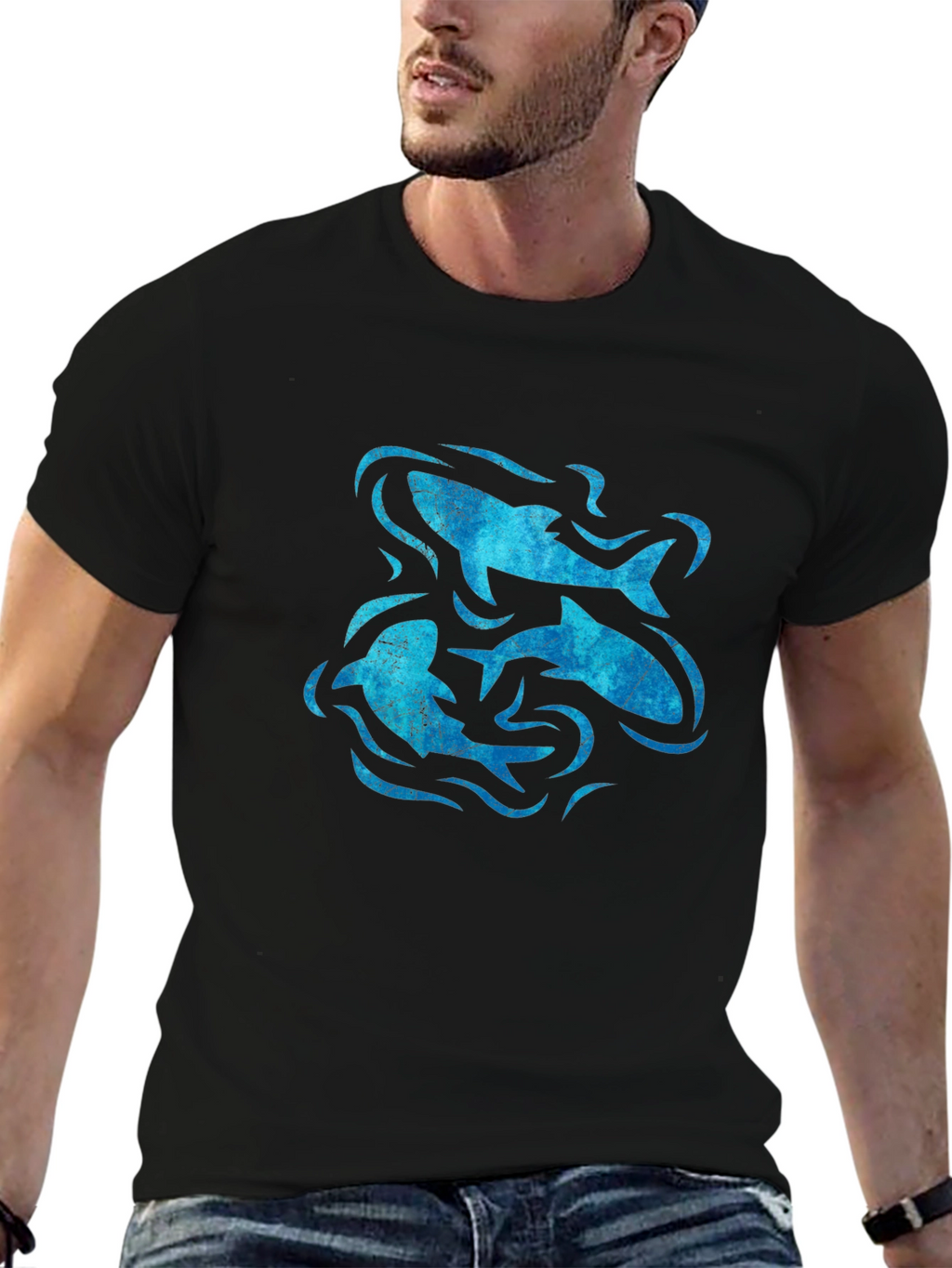 Ocean Swirl Fish Graphic Black T-Shirt