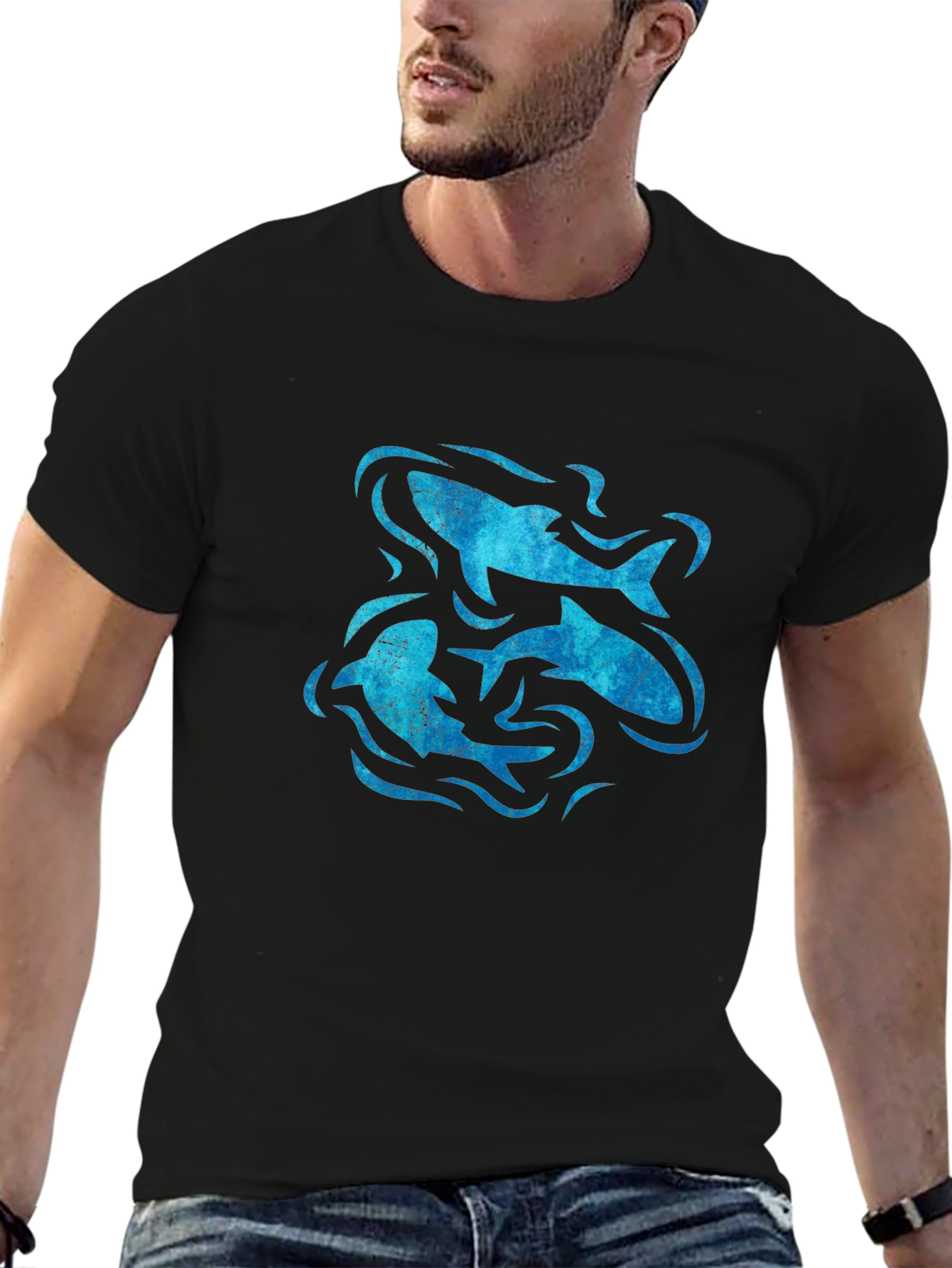 Ocean Swirl Fish Graphic Black T-Shirt