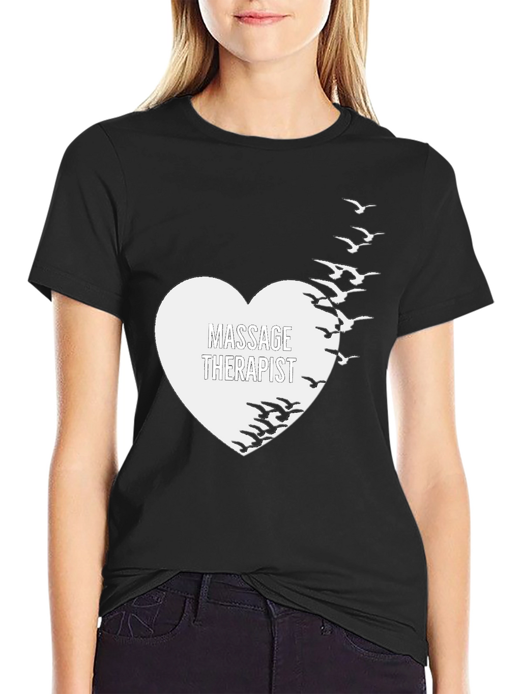 Massage Therapist Heart & Birds Black T-Shirt