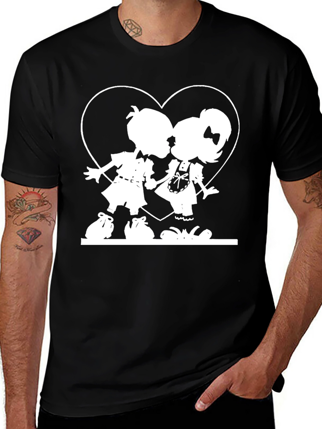 Cute Kissing Kids Graphic Tee - Black