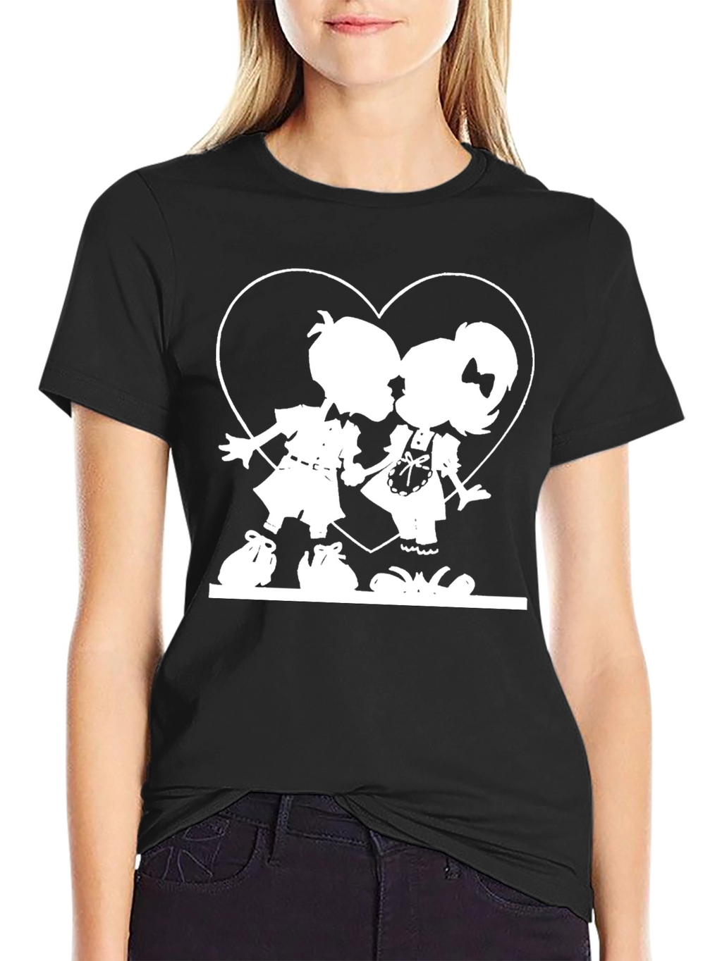 Cute Kissing Kids Graphic Tee - Black