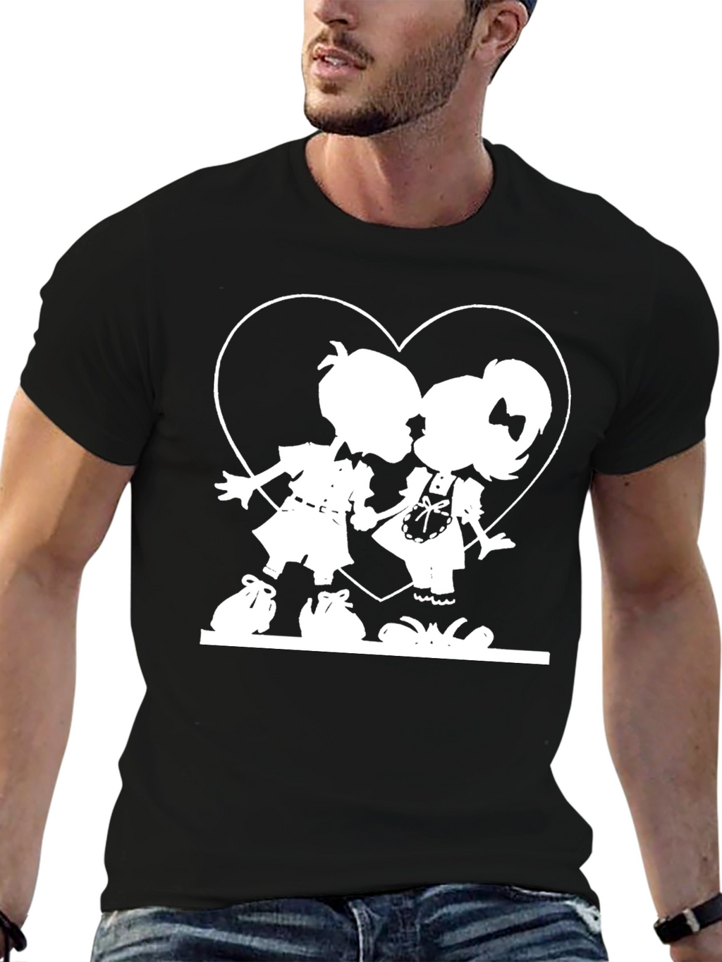 Cute Kissing Kids Graphic Tee - Black