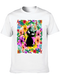 Tropical Cat Tee - Whimsical Floral Design
