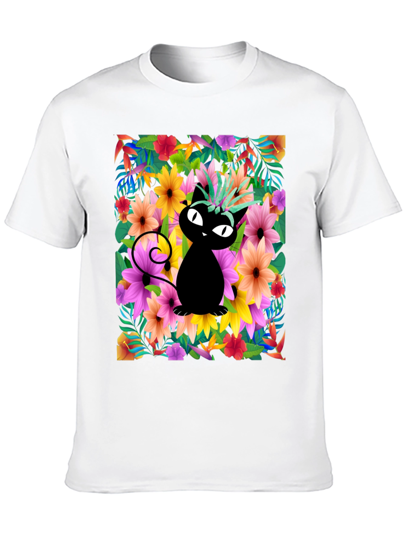 Tropical Cat Tee - Whimsical Floral Design