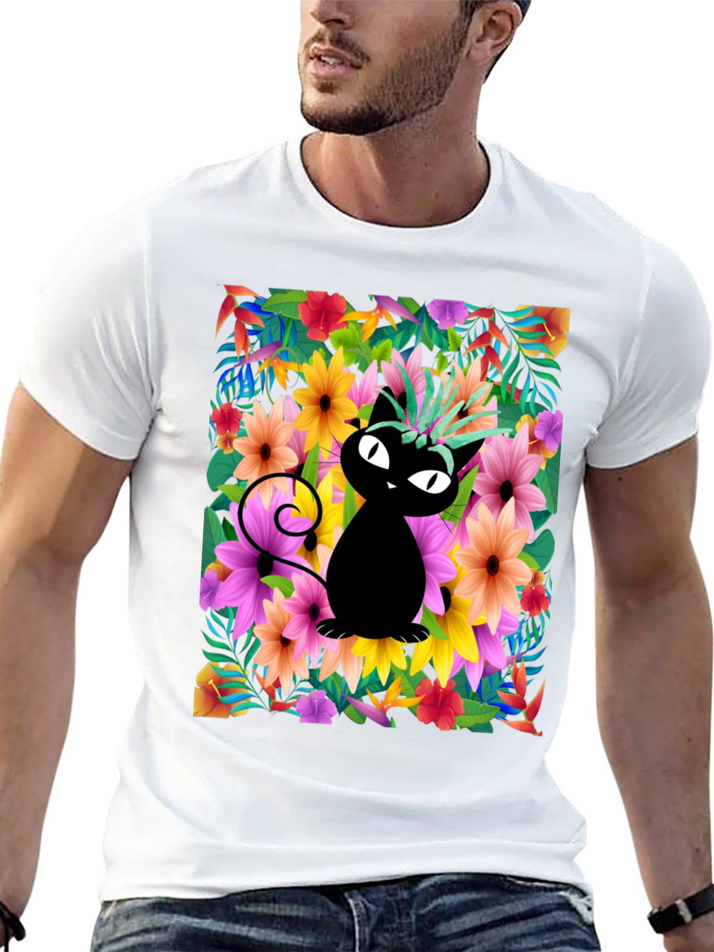 Tropical Cat Tee - Whimsical Floral Design