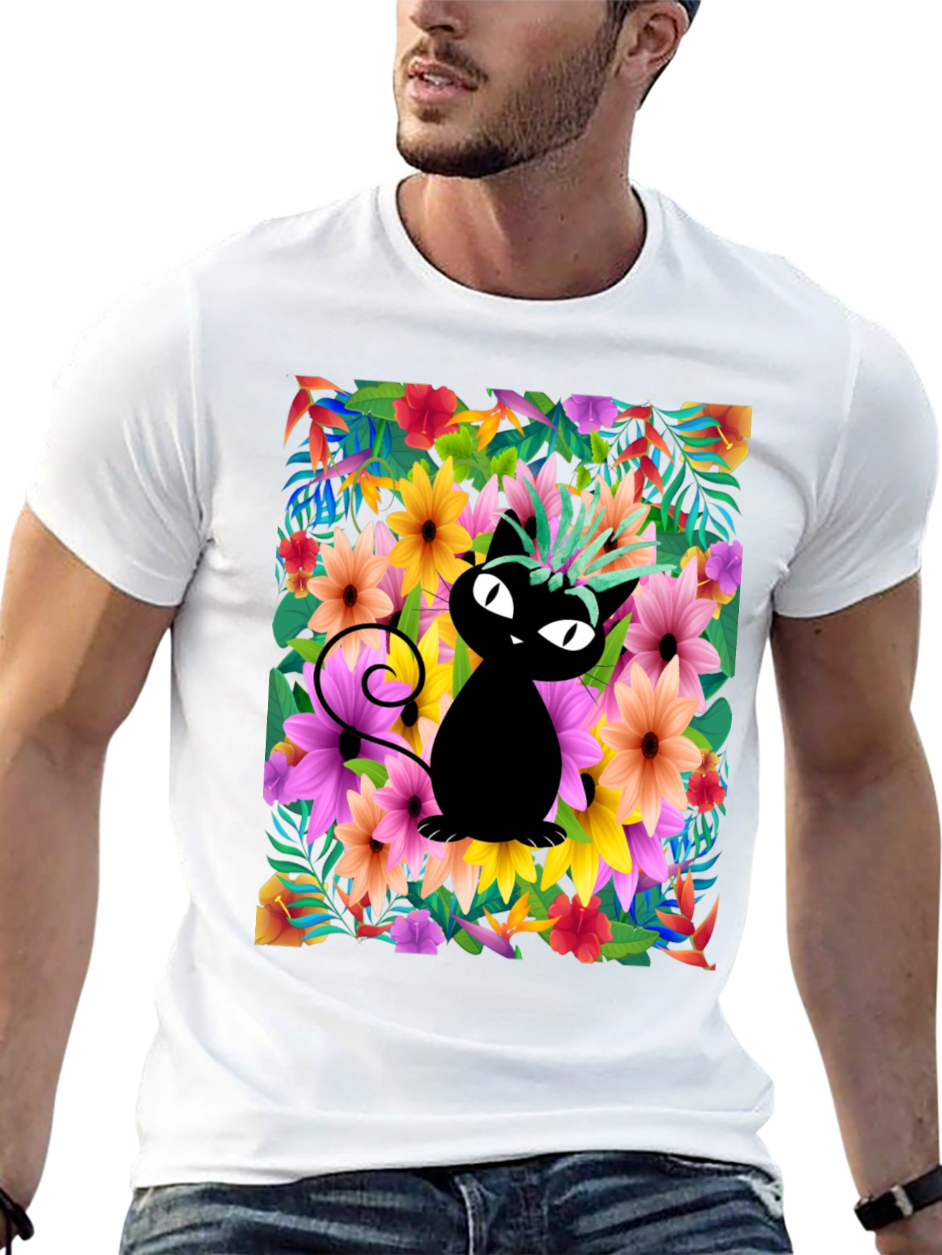 Tropical Cat Tee - Whimsical Floral Design