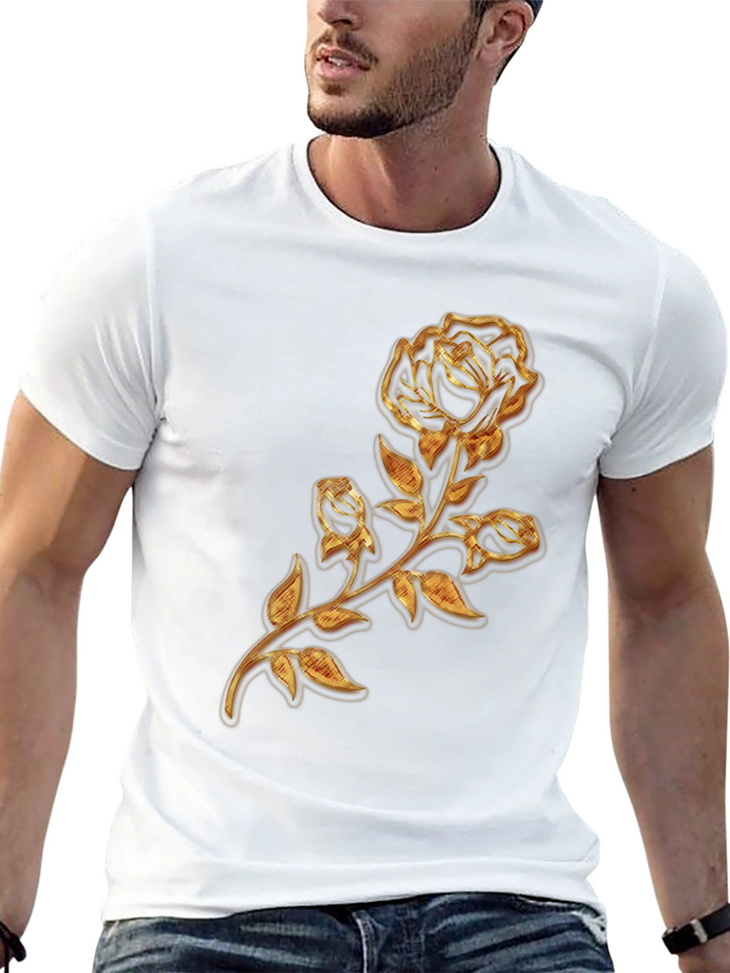 Gold Rose Graphic Black T-Shirt