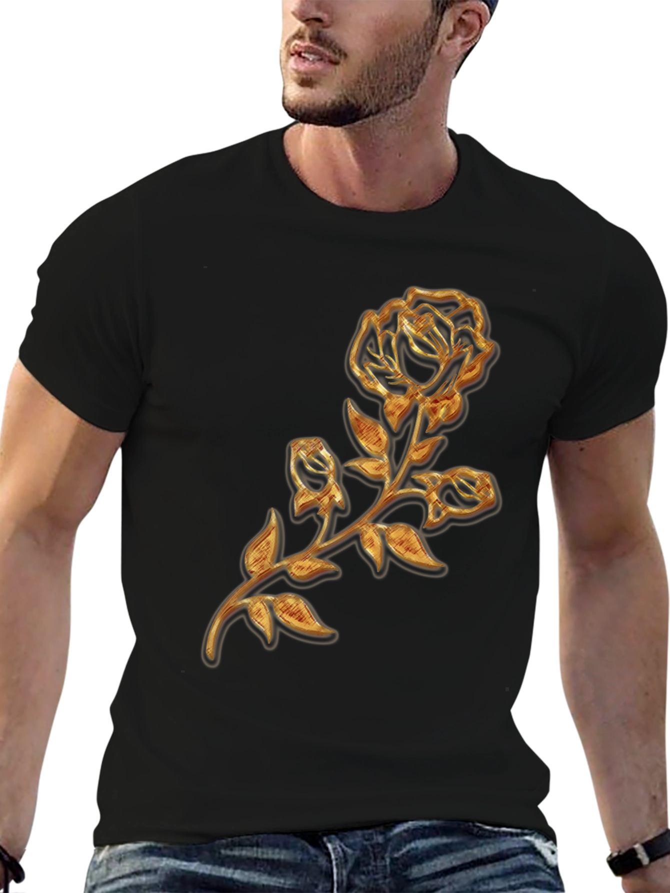 Gold Rose Graphic Black T-Shirt