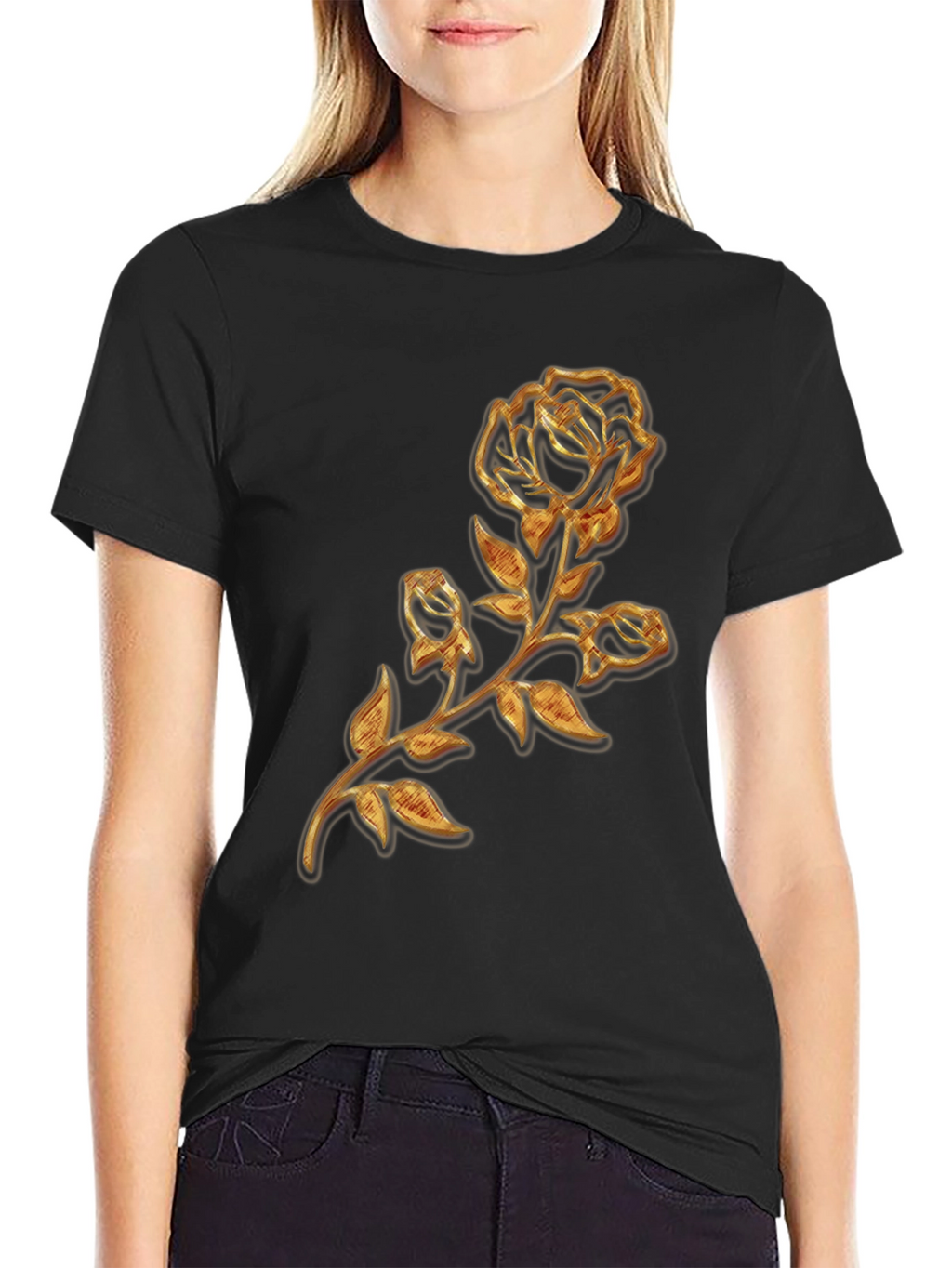 Gold Rose Graphic Black T-Shirt