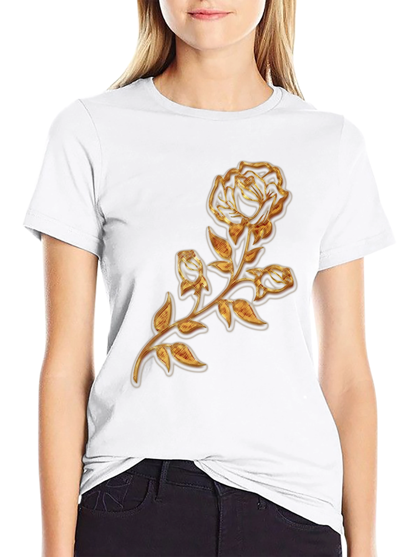 Gold Rose Graphic Black T-Shirt