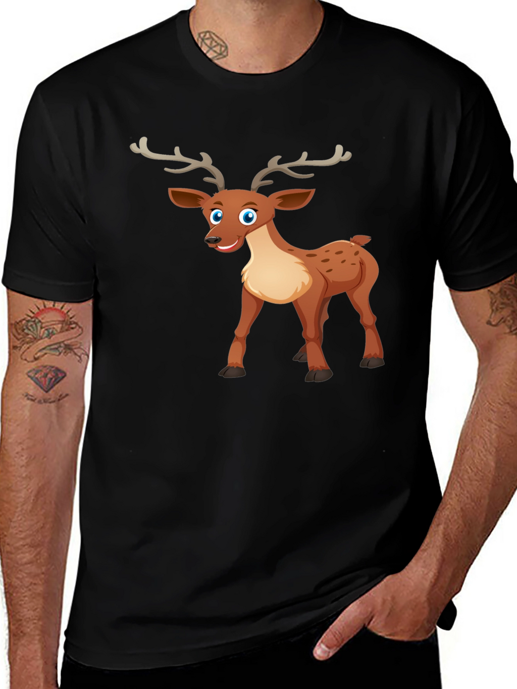 Cute Cartoon Deer Graphic Tee - Black