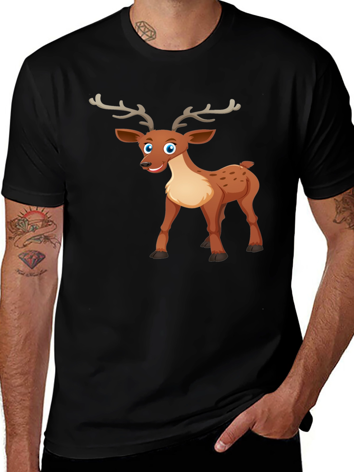 Cute Cartoon Deer Graphic Tee - Black