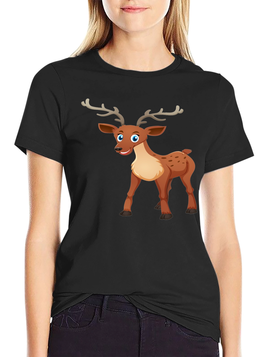 Cute Cartoon Deer Graphic Tee - Black