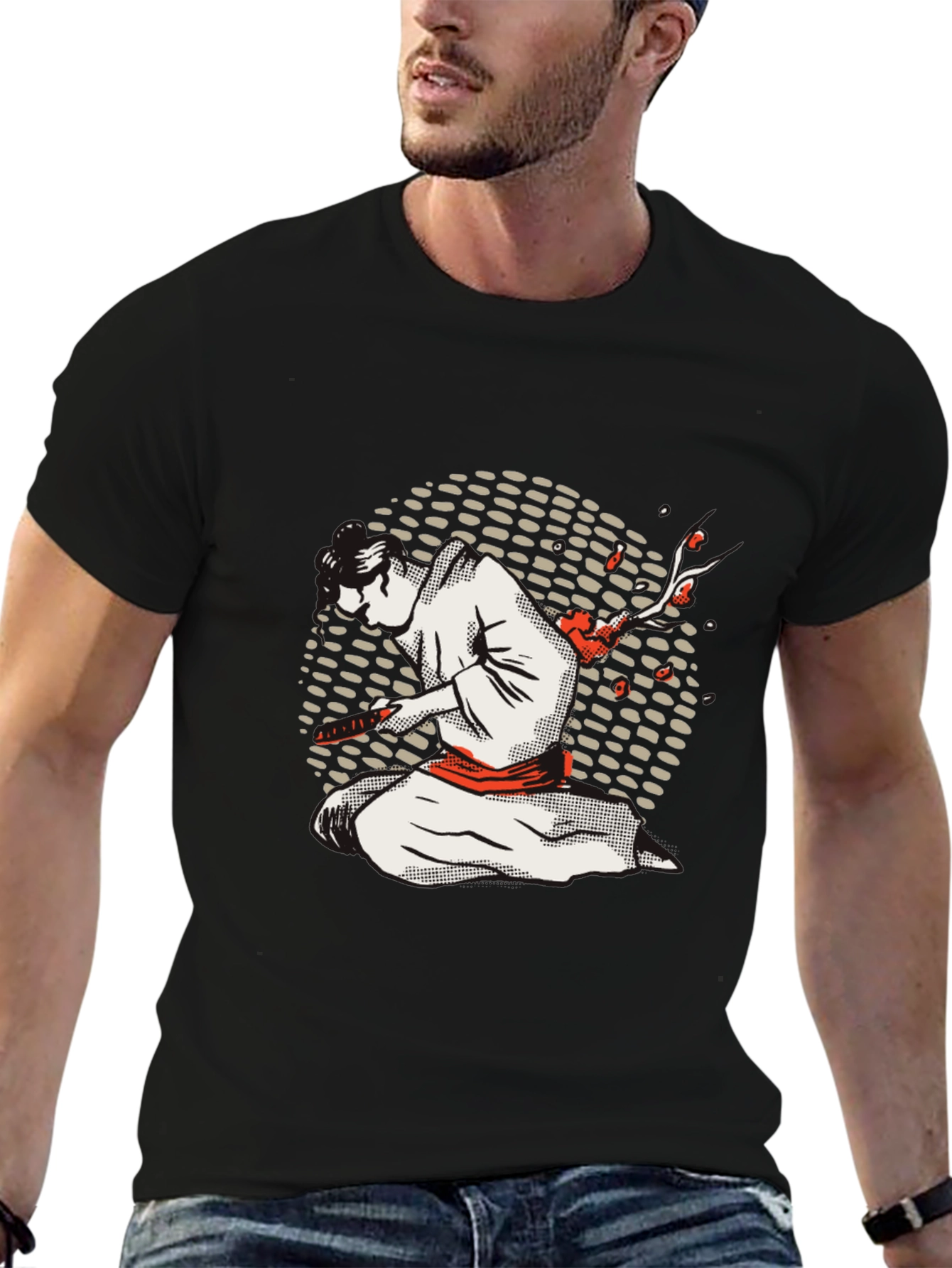 Samurai Graphic Tee - Black Cotton Blend Shirt
