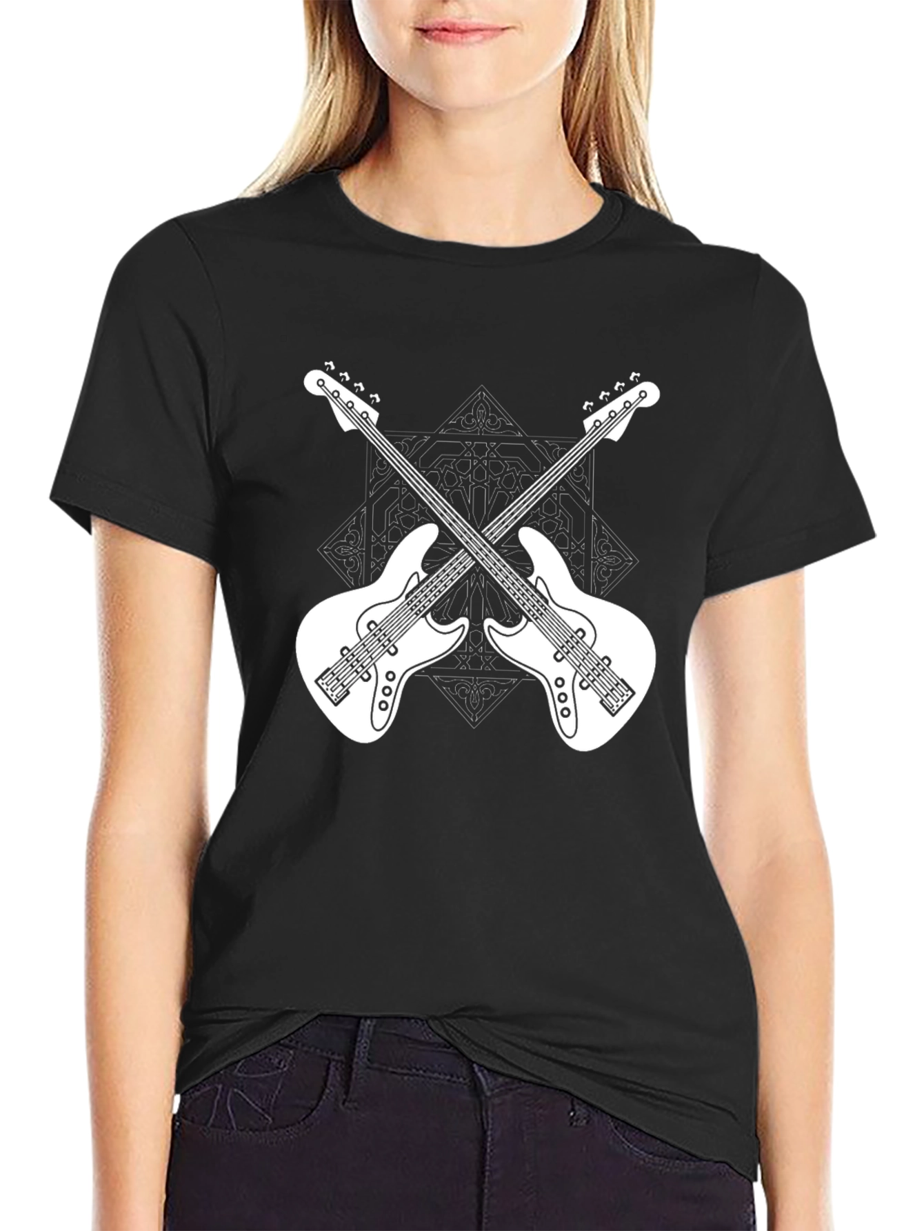 Crossed Guitars Graphic Tee - Black Cotton Music Shirt