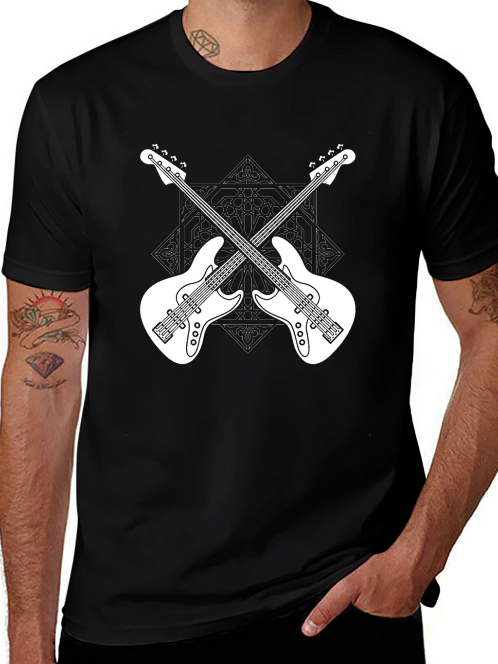 Crossed Guitars Graphic Tee - Black Cotton Music Shirt