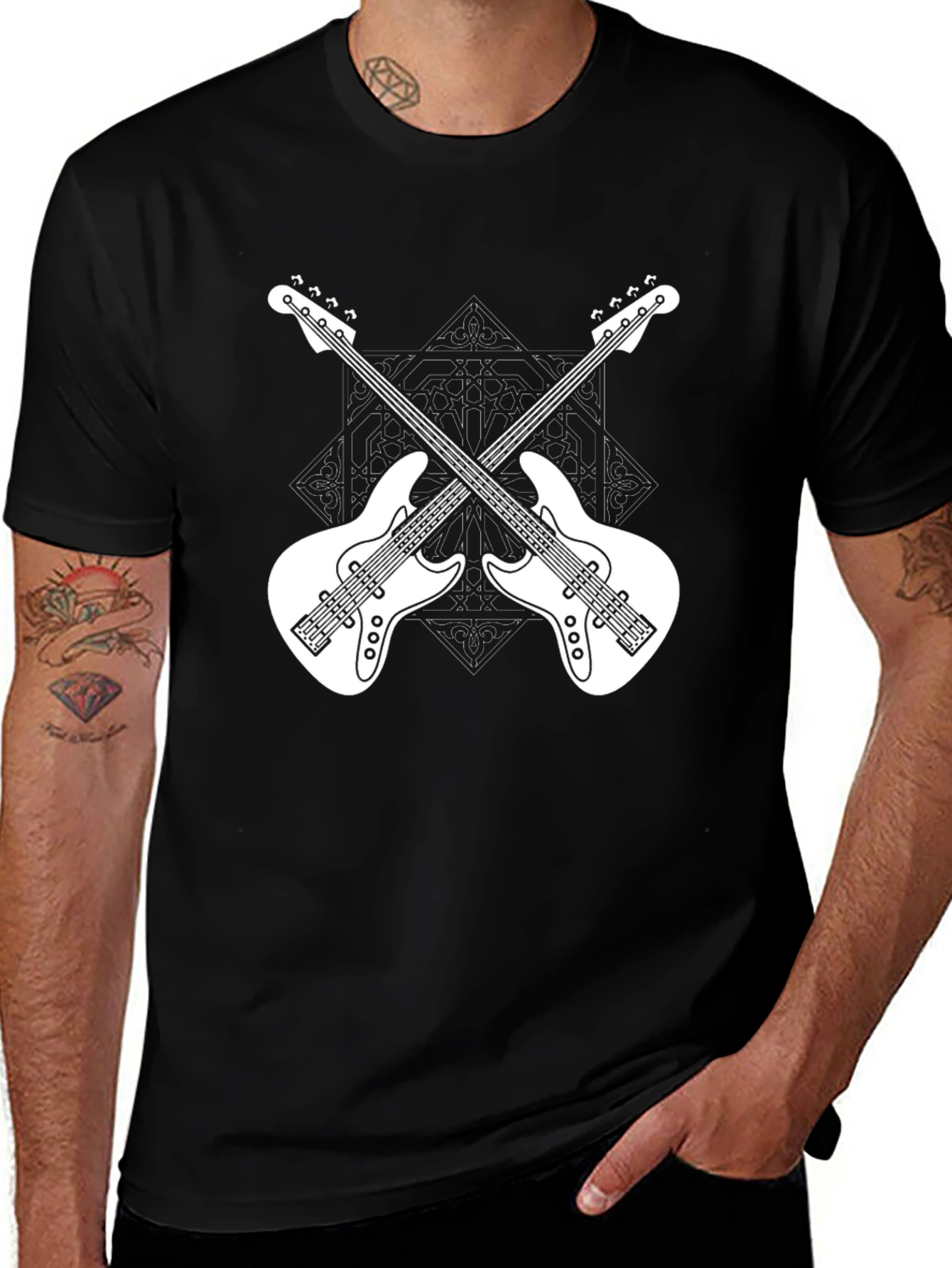 Crossed Guitars Graphic Tee - Black Cotton Music Shirt