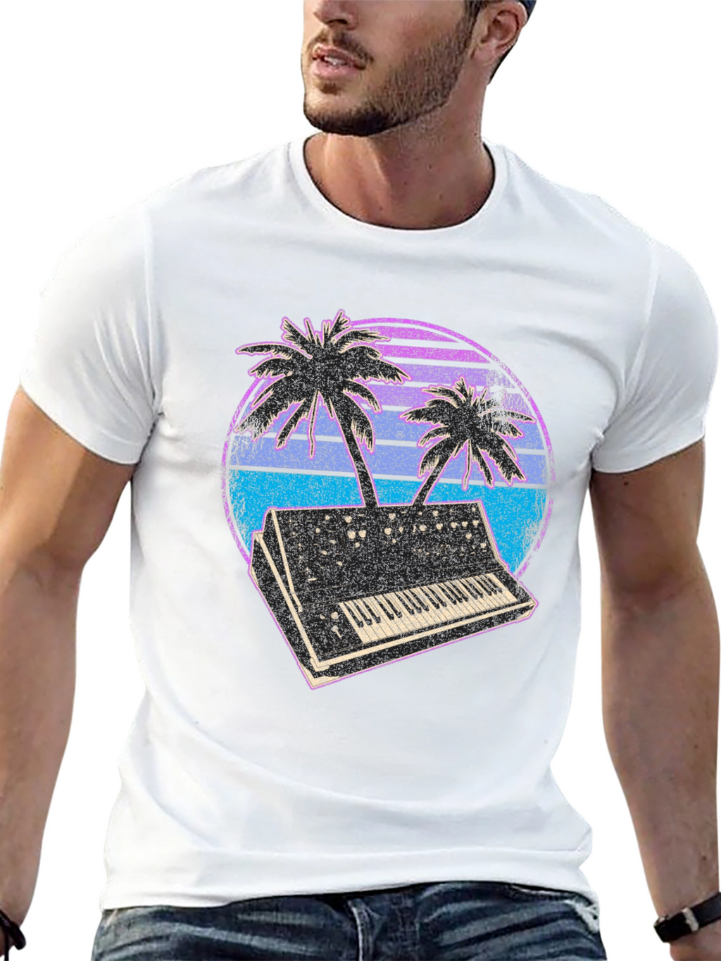 Synthwave T-Shirt - Retro Keyboard & Palms Design