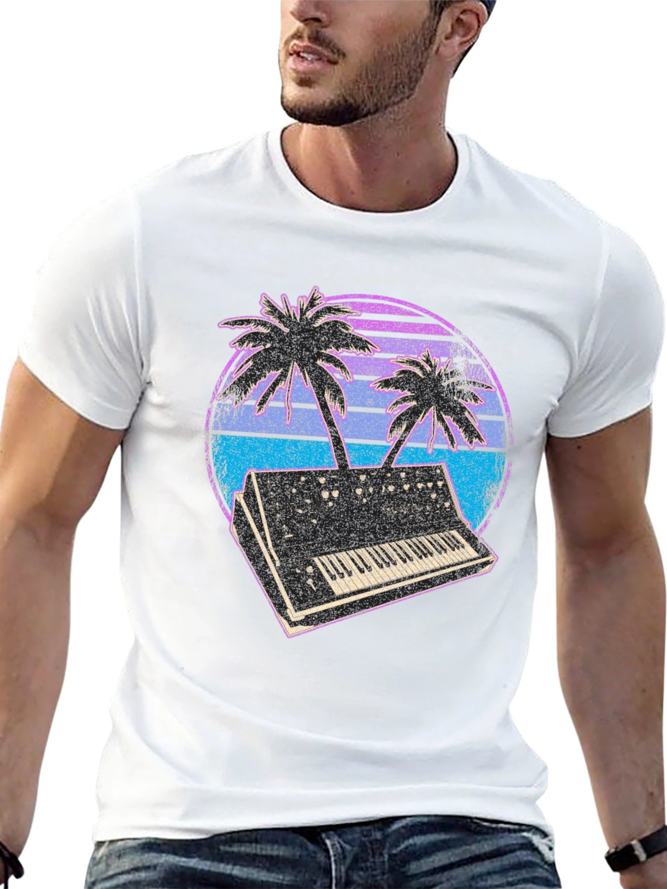 Synthwave T-Shirt - Retro Keyboard & Palms Design