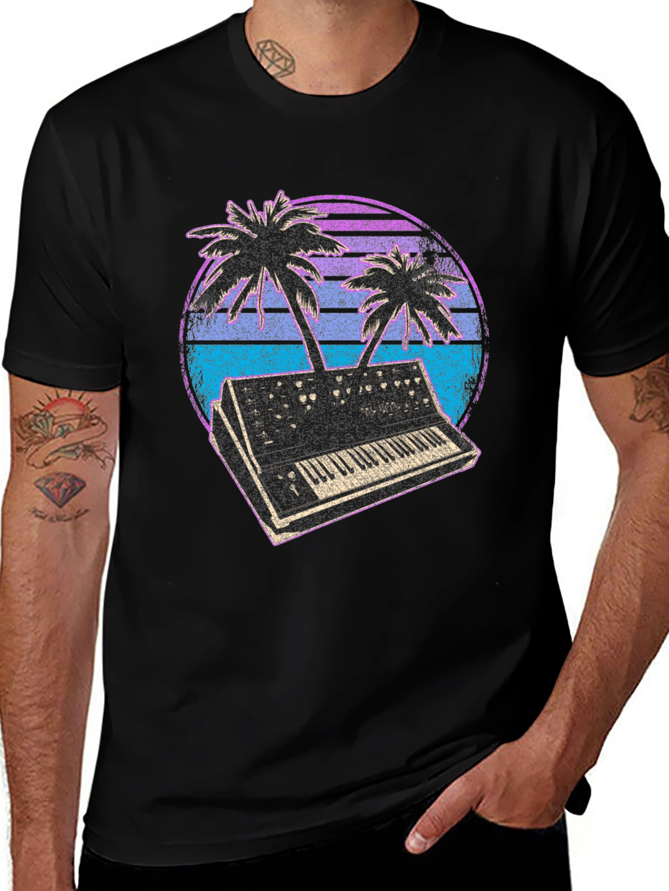 Synthwave T-Shirt - Retro Keyboard & Palms Design