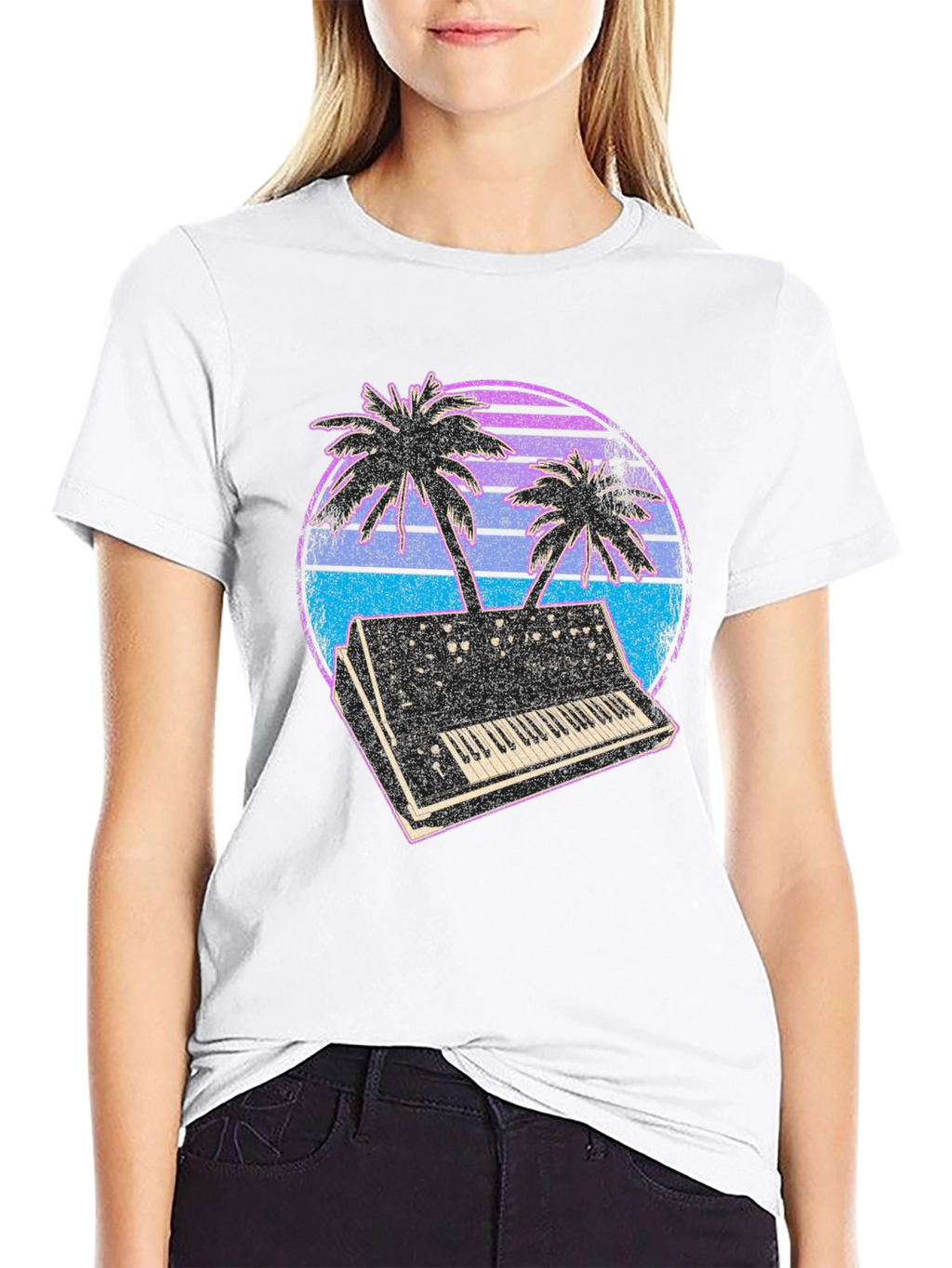 Synthwave T-Shirt - Retro Keyboard & Palms Design