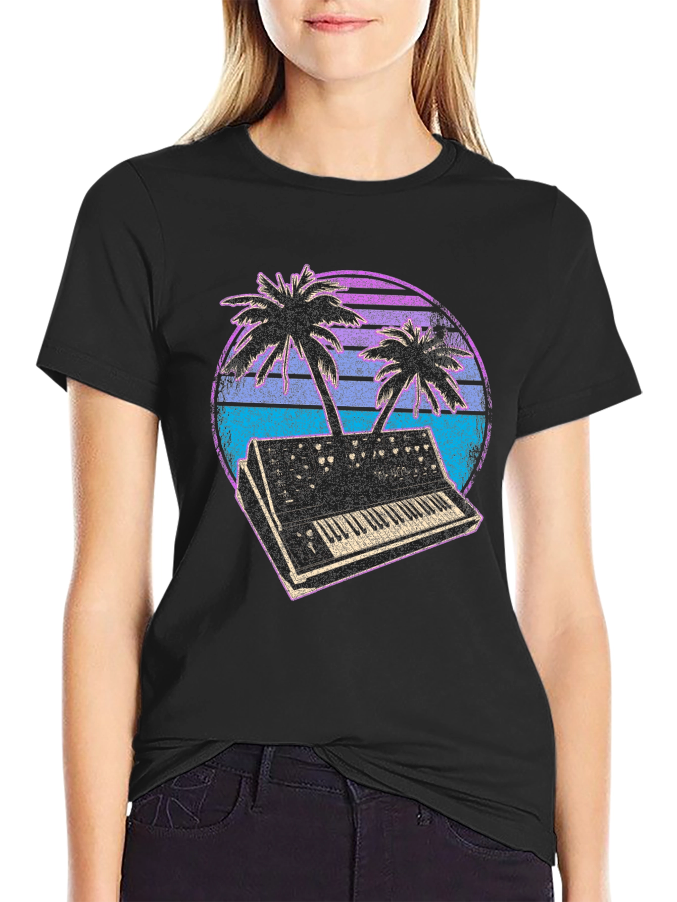Synthwave T-Shirt - Retro Keyboard & Palms Design