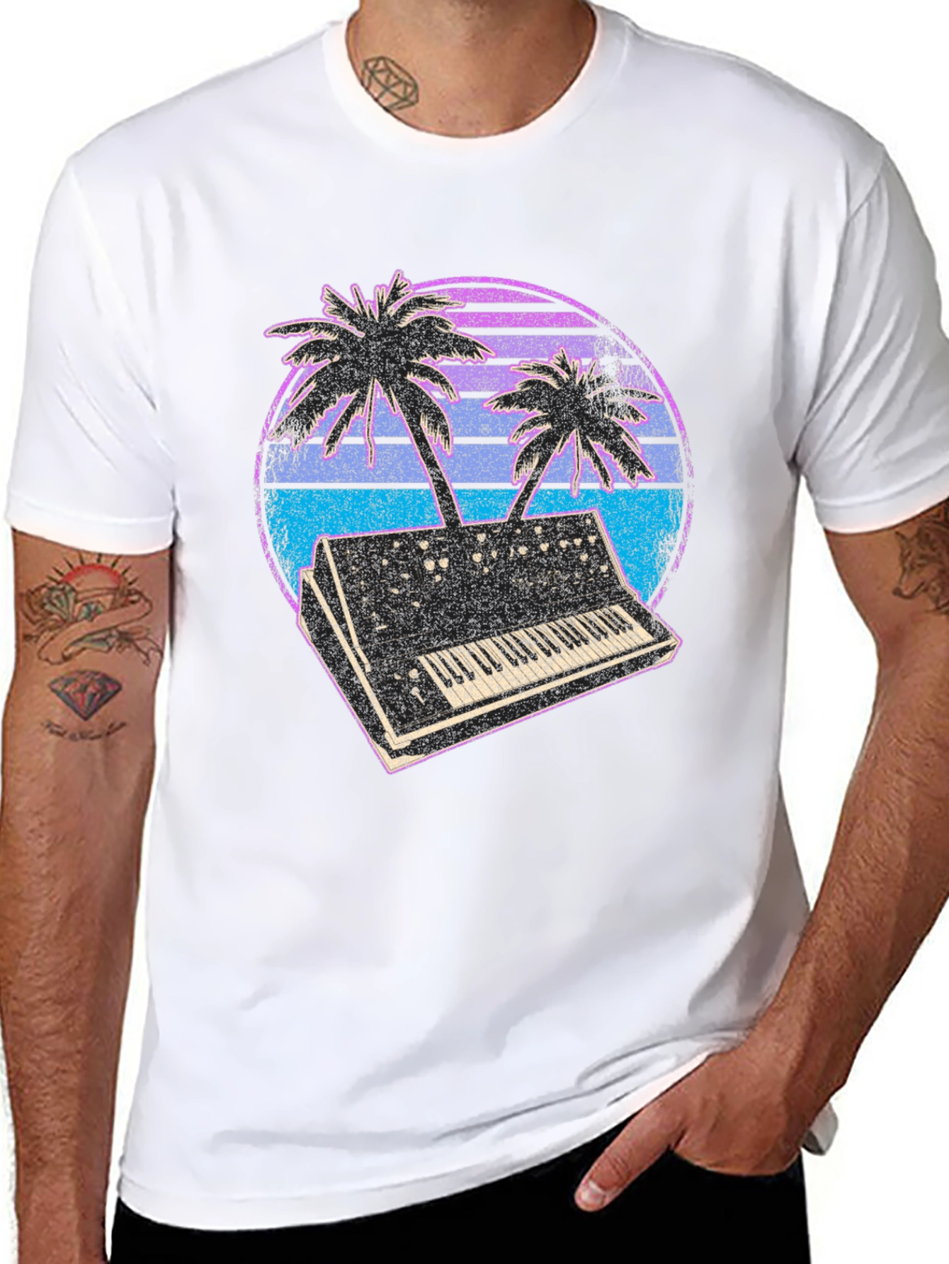Synthwave T-Shirt - Retro Keyboard & Palms Design