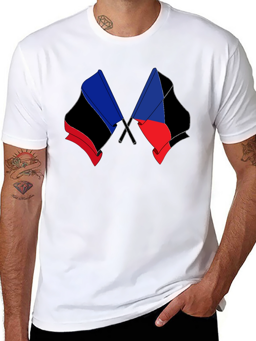 Black T-Shirt with Crossed Flag Design