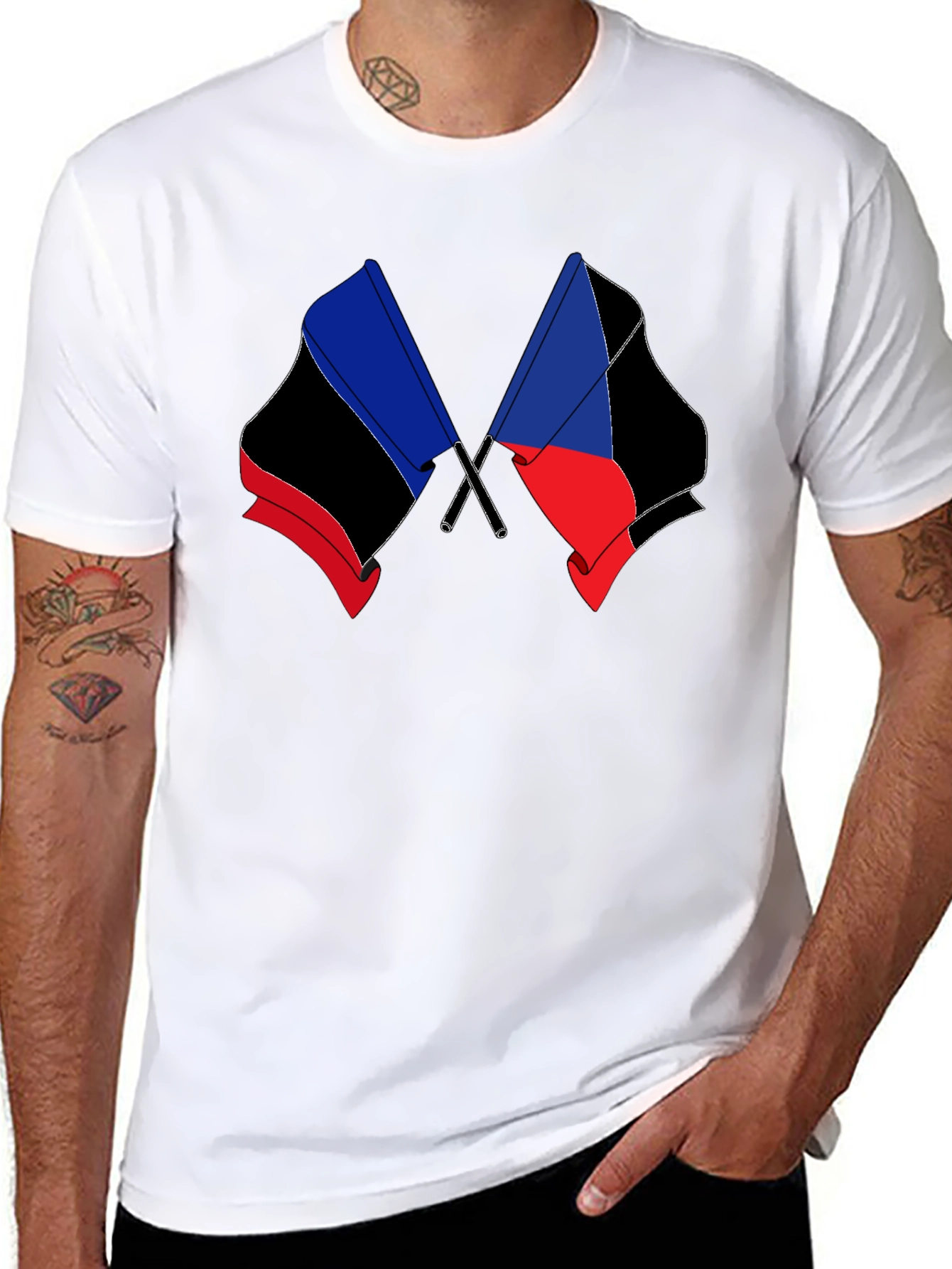 Black T-Shirt with Crossed Flag Design